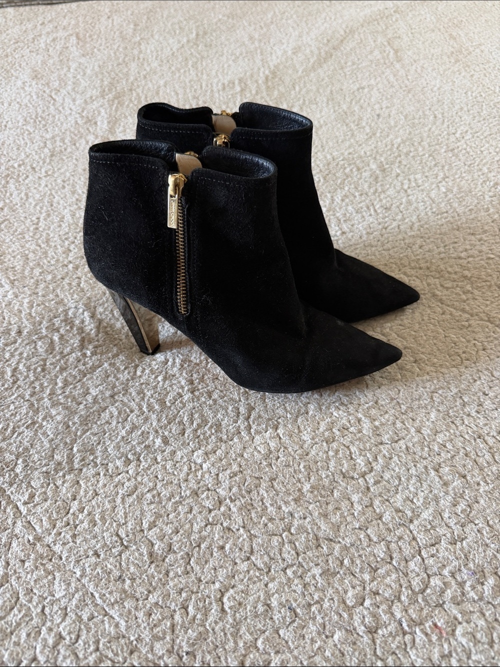 Jimmy Choo Black Suede Pointed Ankle Booties with Gold Zippers Size 39